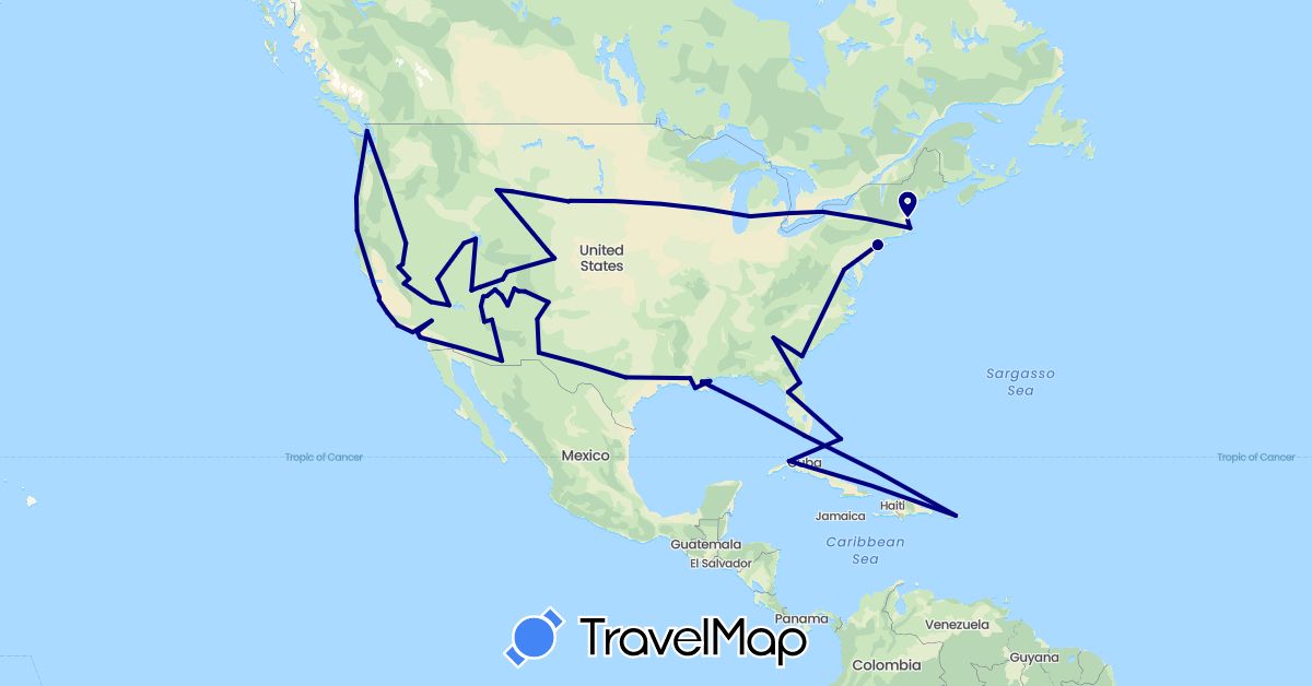TravelMap itinerary: driving in Bahamas, Canada, Cuba, United States (North America)