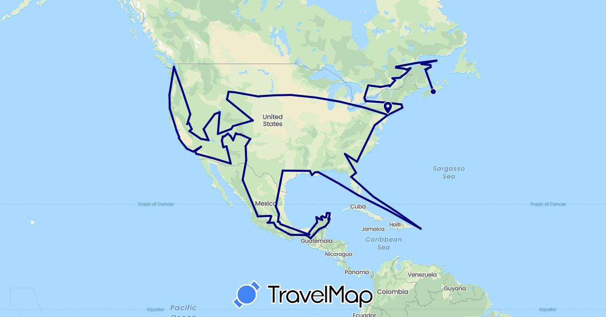 TravelMap itinerary: driving in Bahamas, Canada, Mexico, United States (North America)